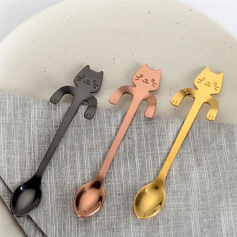 Creative Stainless Steel Cartoon Cat Hand Coffee Tea Spoon Ice Cream Dessert Long Handle Hanging Spoons Tableware Kitchen Tools | Дом и сад