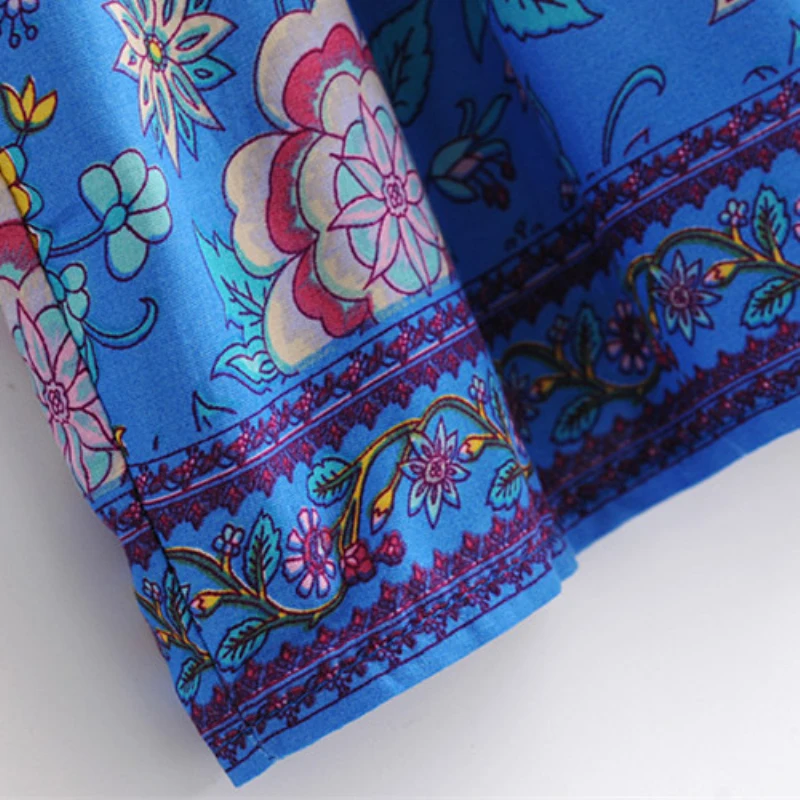 Винтаж Этническая Стиль голубой цвет цветок/птица печати юбка эластичный пояс с