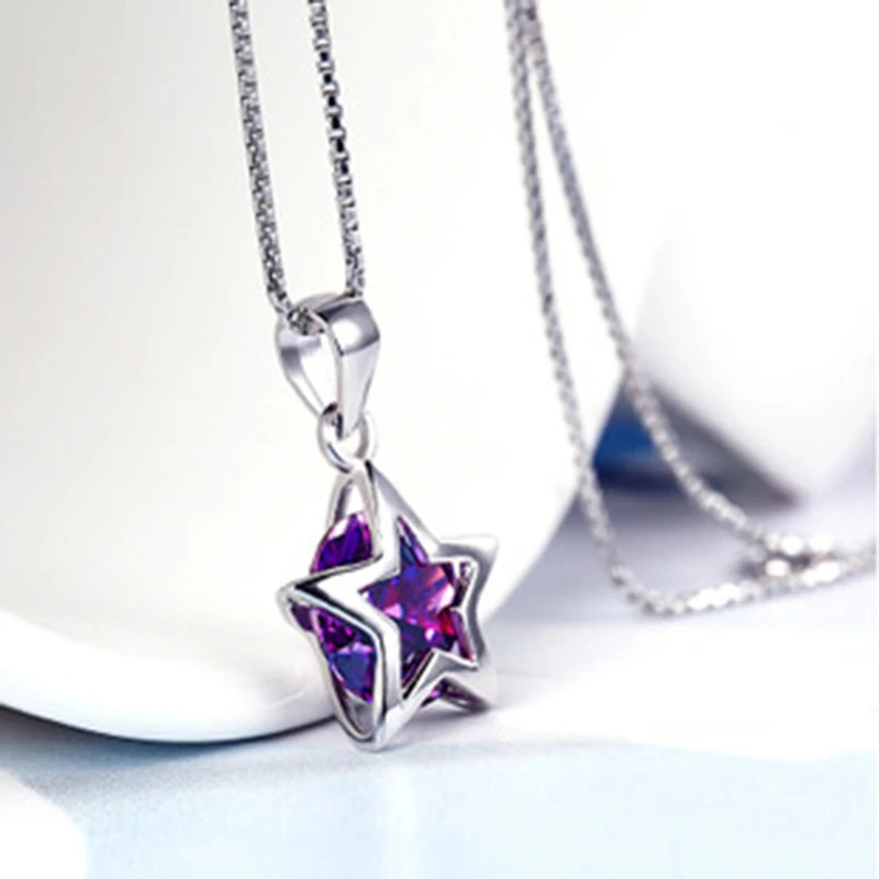

high quality 925 Sterling silver necklace round stars Purple Crystal stars Pendant with chain women jewelry female cute gift