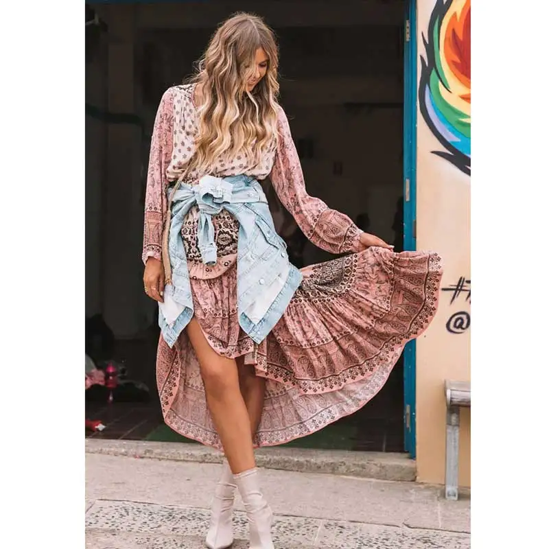 BOHO INSPIRED rayon богемное Цветочное платье с длинным рукавом кулиской на талии длинное
