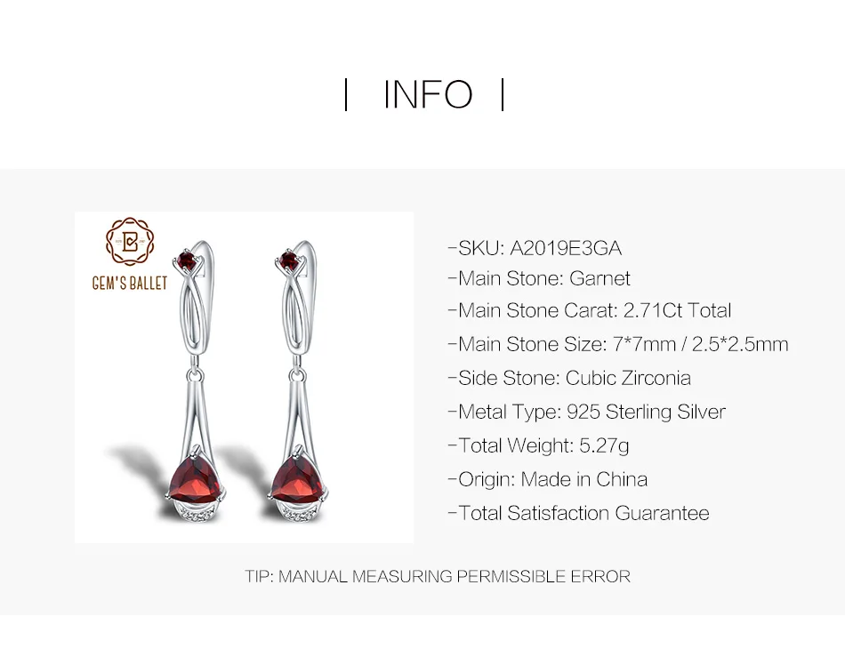 GEM'S балетные 925 пробы Серебряные Серьги с драгоценными камнями 2.71Ct натуральный треугольник Красный Гранат Серьги Висячие романтические ювелирные изделия для женщин