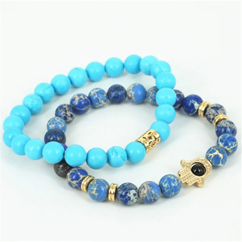 

KEJIALAI 2pcs High Quality Bracelets Natural Regalite Round Stone Beads Men Bracelet Beaded Hamsa Hand Women Bracelet A0583