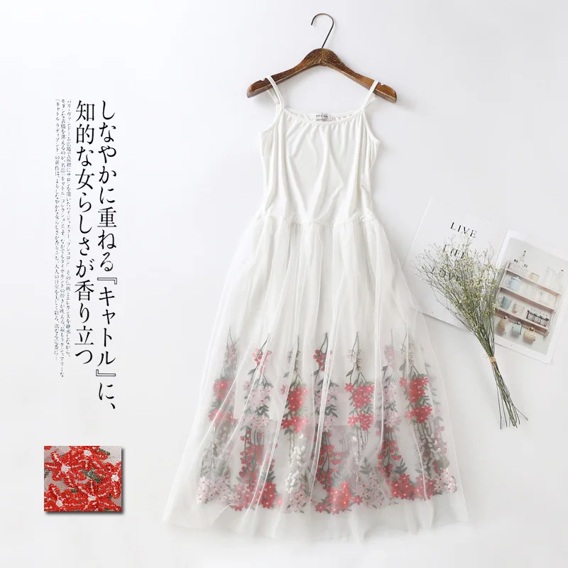 

Women Sleeveless Lace Dress Floral Heavy Embroidery Render Dress Triple Layered Female Spaghetti Strap Ladies Dresses J019