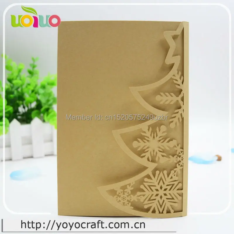 Hot sell laser cut christmas tree and snowflake invitation card greeting card paper wedding card model with ribbon