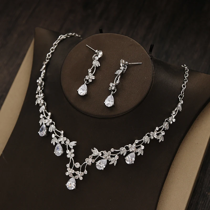 Diarios de noiva Nupcial Flor водяная капля Cor Prata Strass Noiva комплект из 3 предметов Colar Brincos Conjunto De Joias de Casamento