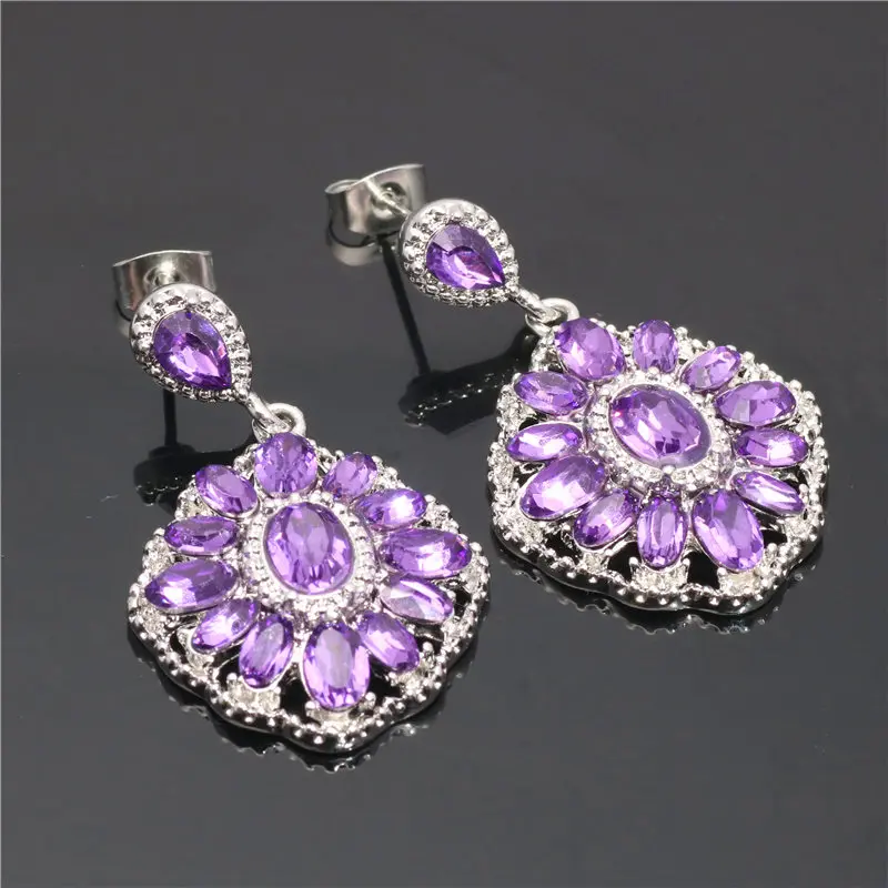 

Luxury AAA Zircon Indian Silver Wedding Jewelry Sets For Women Purple Big Crystal Rings Necklaces Earrings Ladies Accessories