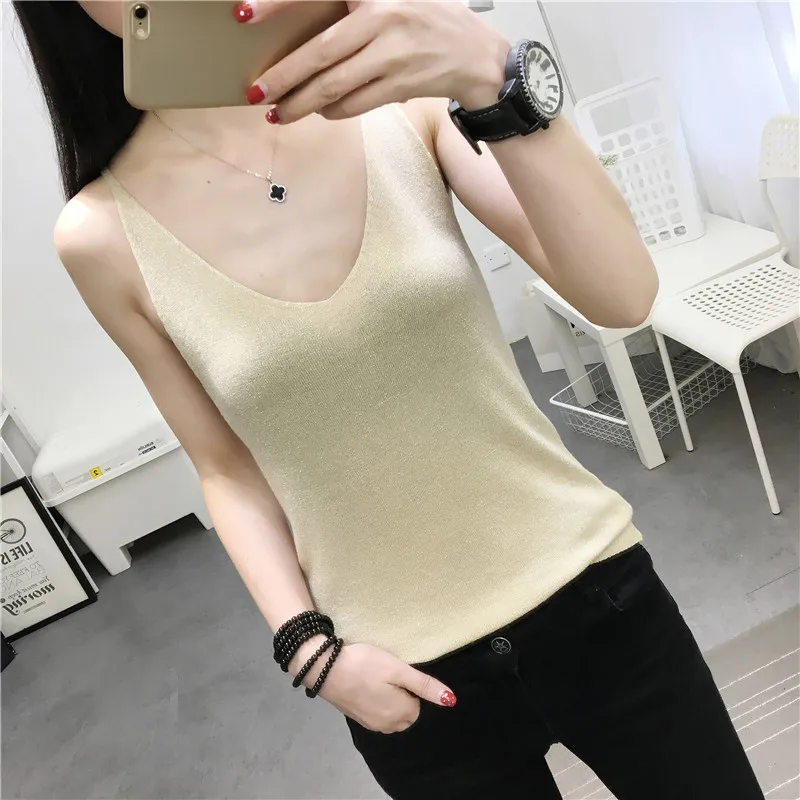 Женские топы, вязаный слинг, сексуальный глубокий v-образный вырез, без рукавов, Золотая проволока, Трикотажная майка, женская одежда, тонкая трикотажная кофточка, Топ