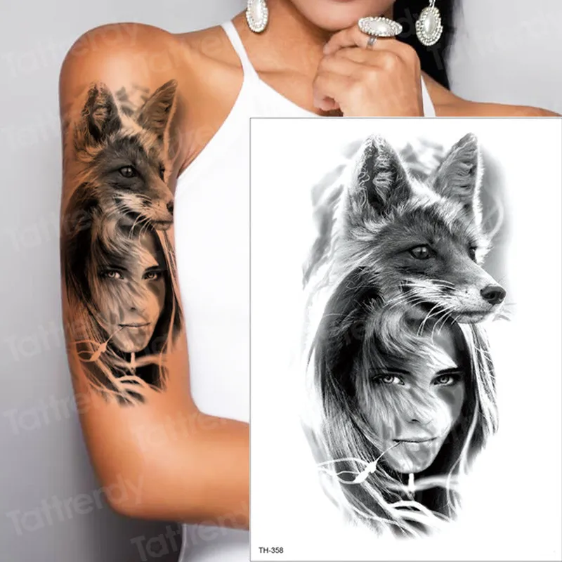 

2019 new make up Fake temporary tattoos stickers girl wolf fox bear arm shoulder back tattoo waterproof women big tattoo on body