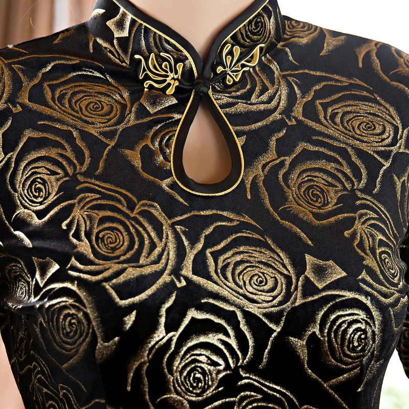Черное китайское свадебное платье женское с длинным рукавом Cheongsam Золотое тонкое