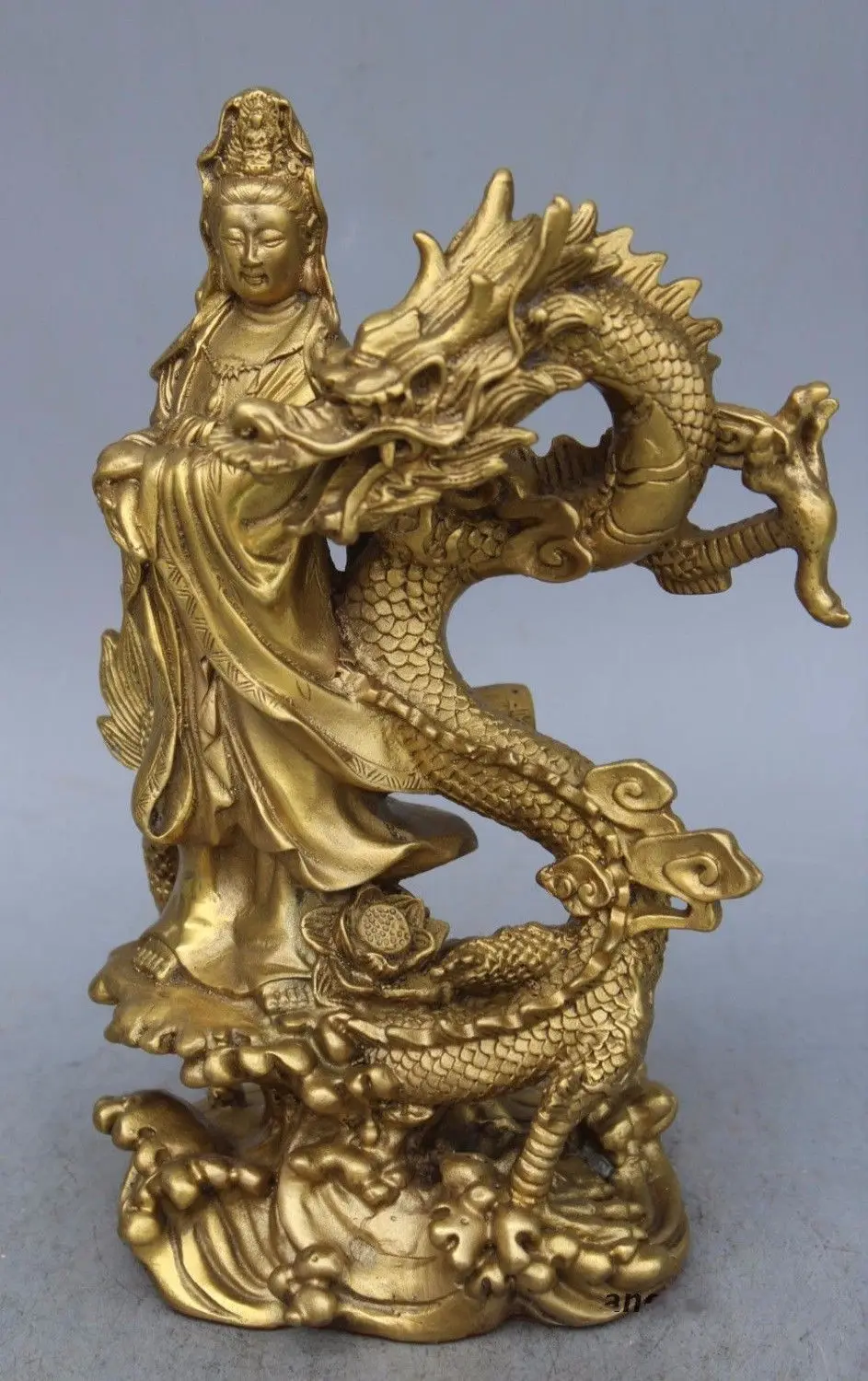 

China Brass Dragon kwan-yin GuanYin Goddess buddha statue