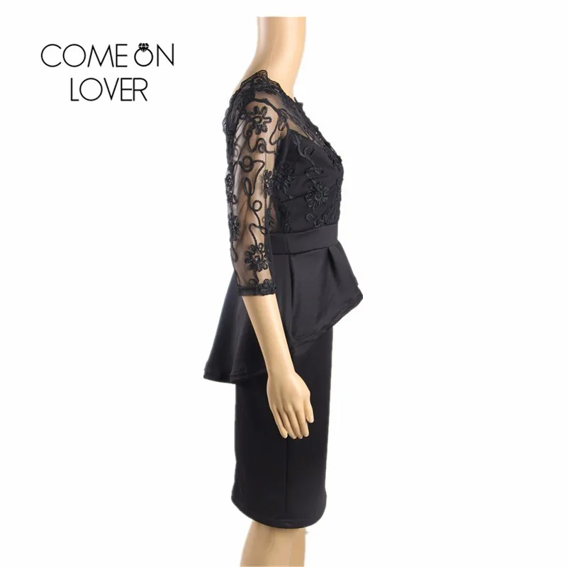 Ro80206 Comeonlover платье с коротким рукавом и вышивкой черное баской цветочное