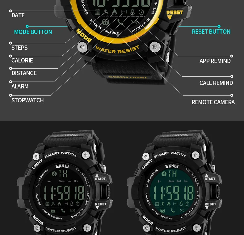 SKMEI 1227 Мужчины Smart Watch Цифровые Наручные Часы Женщины Спортивные Часы Сна Трекер Вызова Напоминание Фотографии ЭЛЬ Свет Relógio