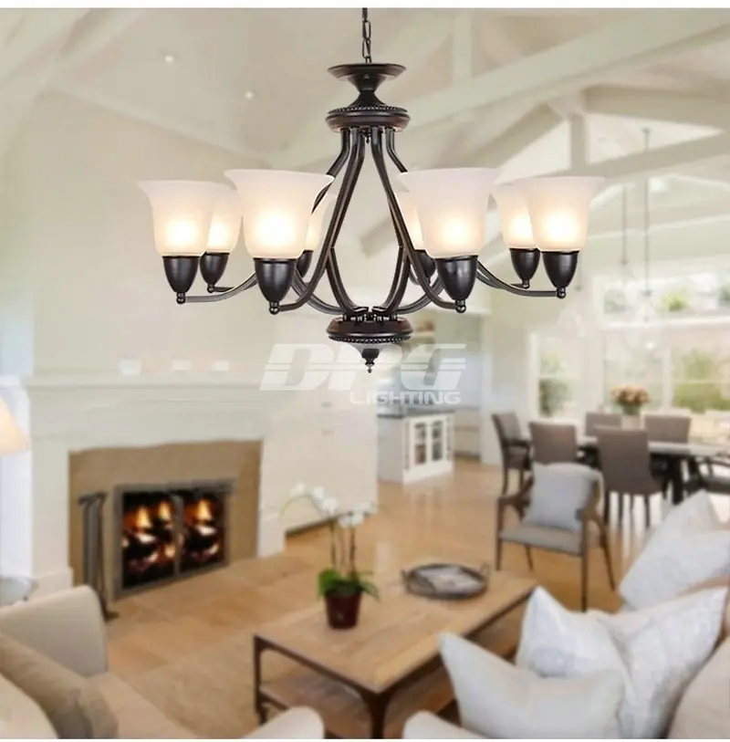 Люстра с стеклянным абажуром E27 Современная черная светодиодная железная лампа