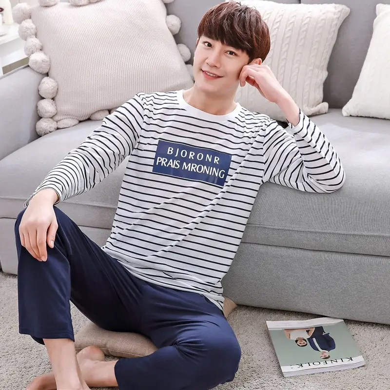 2019 Spring Autumn Thin Cotton Casual Striped Pajamas Sets for Men Long Sleeve Pyjama Sleepwear Homewear male Loungewear Clothes | Мужская