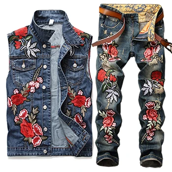 Mens Sets Комплекты из 2 предметов(жилет+ штаны), мотоциклетные хип-хоп мужские известные бренды, вышивка, цветочные дыры, потертые джинсовые жилеты и штаны, комплекты из двух предметов - Цвет: Mens Sets