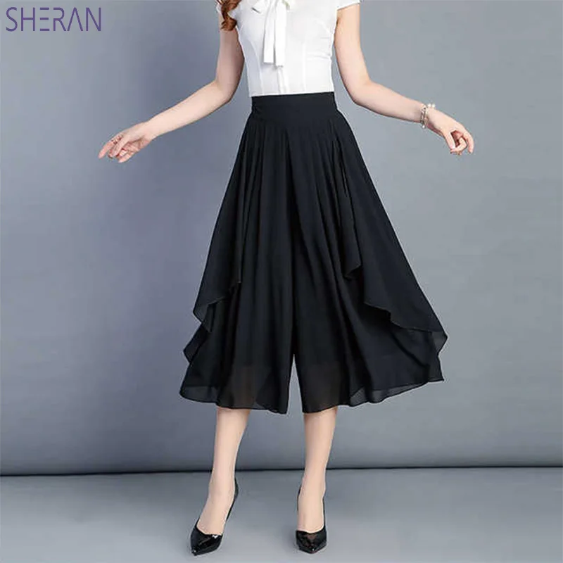 black SHERAN новые летние женские брюки шифоновые широкие брюки с высокой талией свободные брюки повседневные юбки брюки черные Большие размеры Pantalon Pemme - Цвет: black