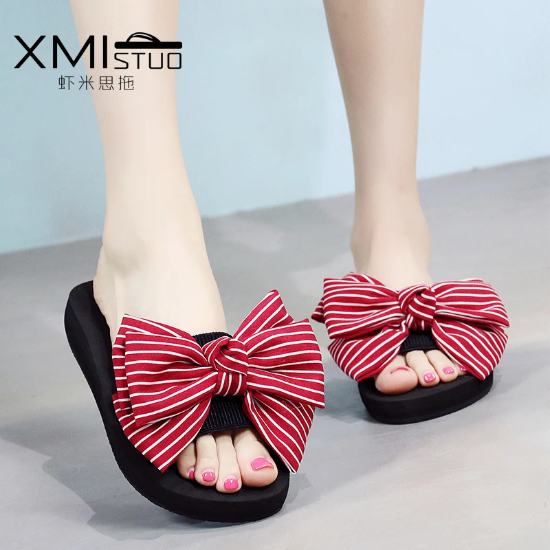 Women Striped Bow Patch High Heel Casual Slippers | Тематическая одежда и униформа