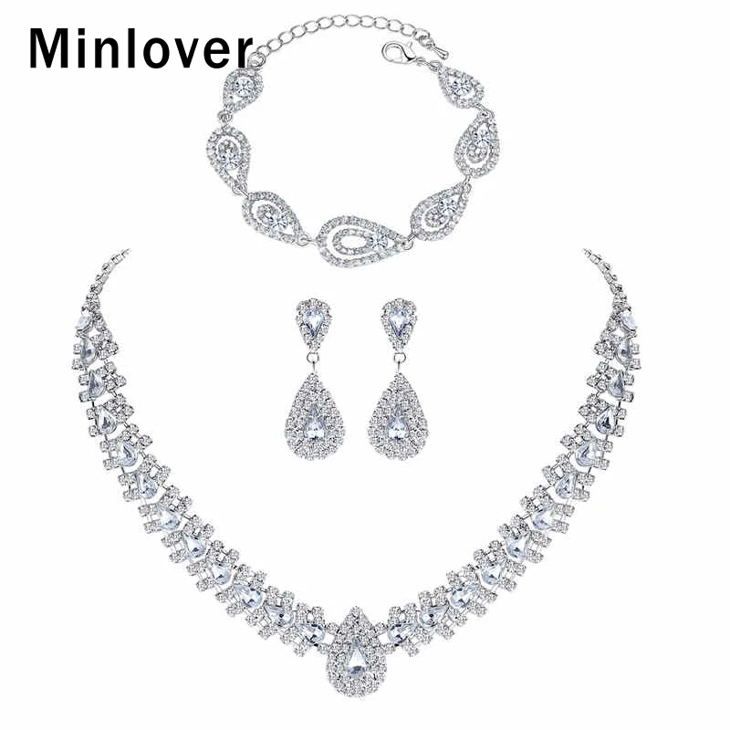 Minlover Серебряный Цвет Кристалл Свадебные Ювелирные наборы для женщин роскошные стразы серьги браслет ожерелье набор TL001+ SL022