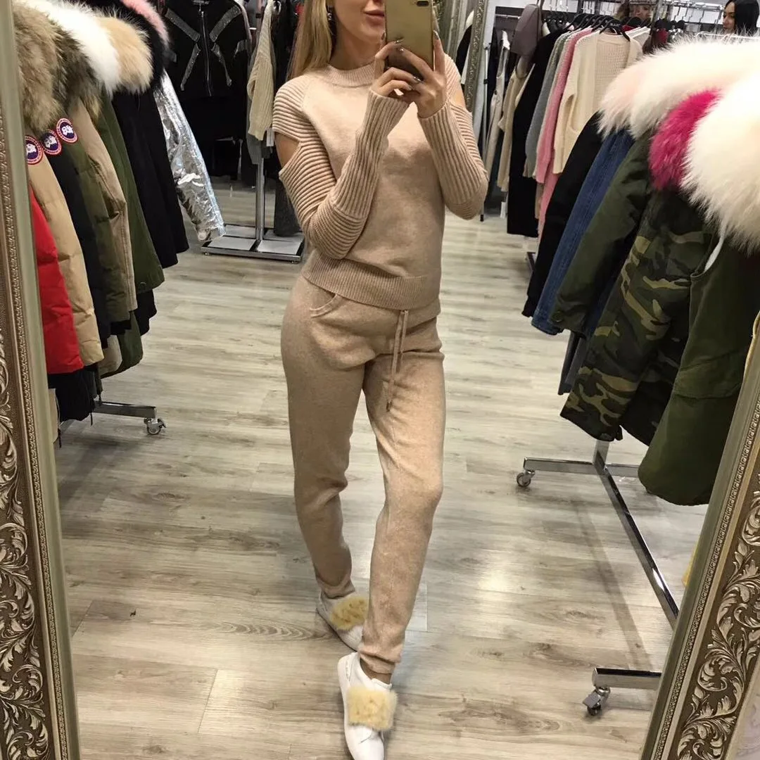 

2021 autumn winter new high quality women's dress cashmere suit hollow long sleeved sweater pants knitted two pieces