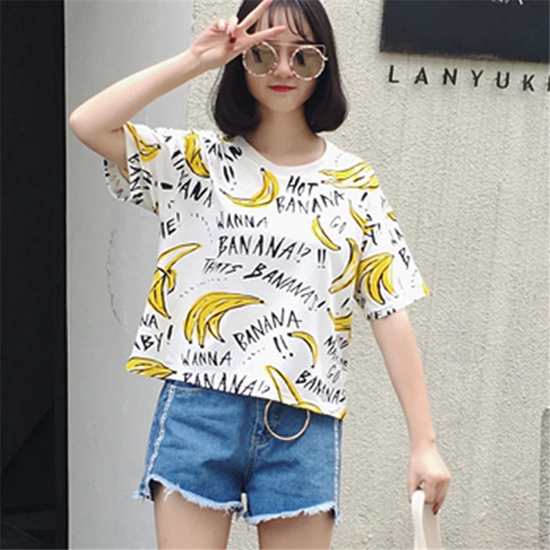 Летняя Шикарная новая футболка с принтом банана для женщин Свободный Топ
