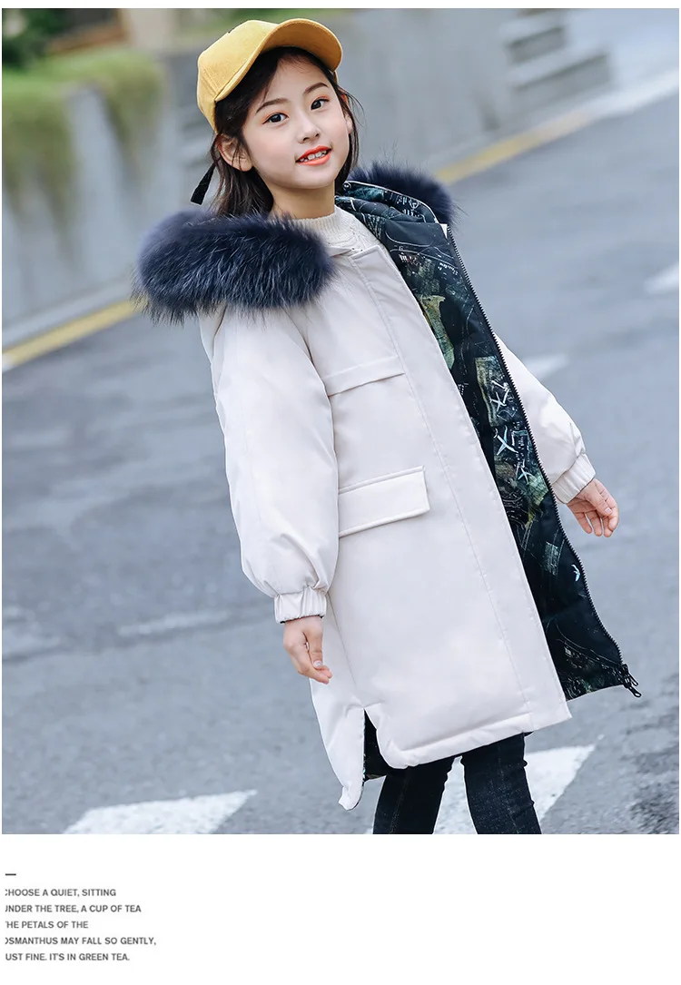 Бежевый Г. Зимние Детские Пуховые куртки для девочек 9986 парки детская зимняя одежда теплые пуховые пальто Верхняя одежда с обеих сторон - Цвет: Бежевый