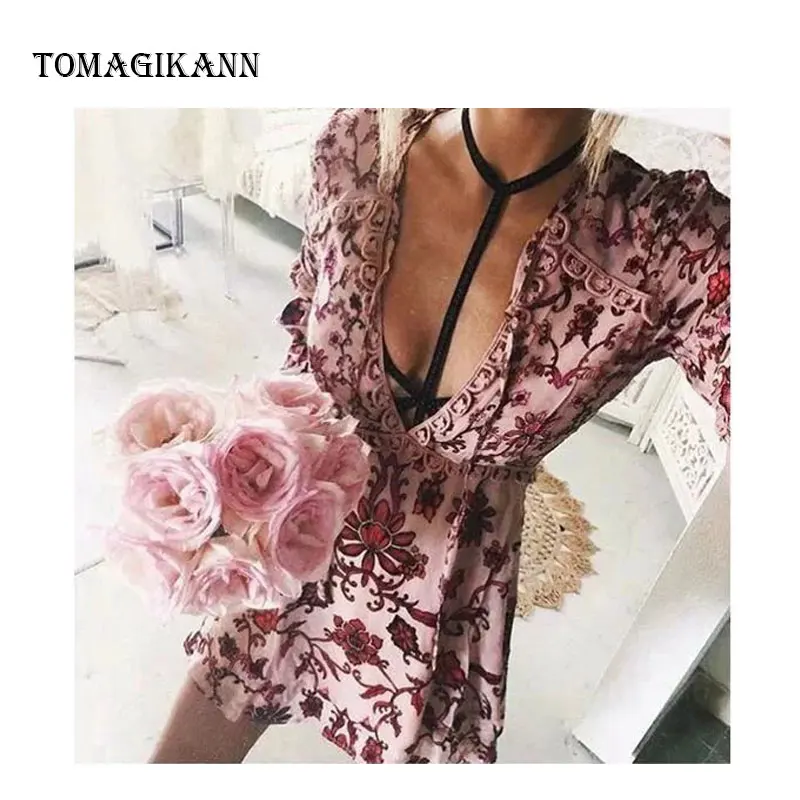 Sexy Flower Print Chiffon Deep V-Neck A Line Full Sleeve Short Dress 2019 Women Fashion Dresses Holiday | Женская одежда