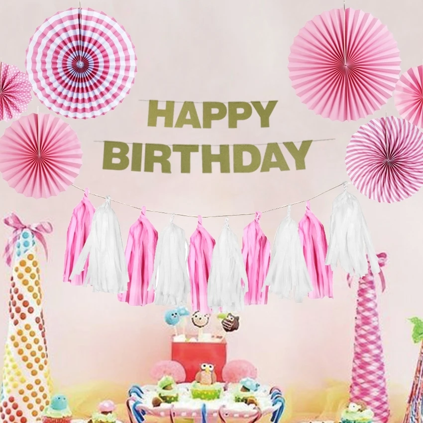 9pcs Blue/Pink Hanging Paper Decoration Kit Fan Rosettes Tassel Garland Banner Birthday for Boy/Girl First Party | Дом и сад
