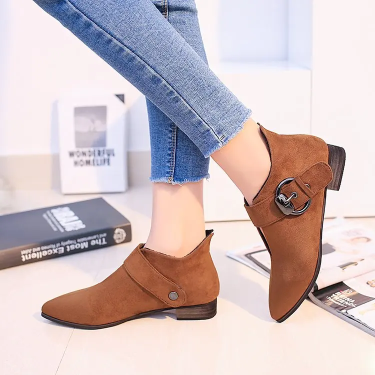 2017 Модные женские осенние ботильоны Туфли лодочки на низком каблуке с острым