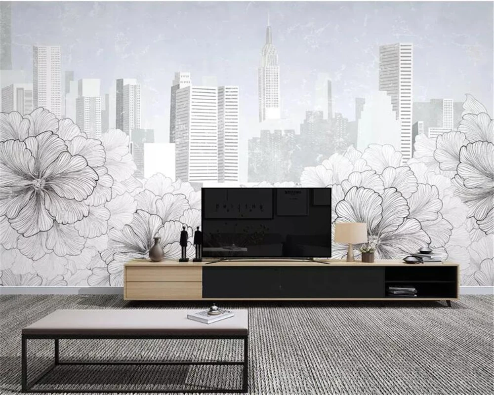 

beibehang Customized 3d wallpaper modern black and white city line drawing floral city architecture TV background wall wallpaper