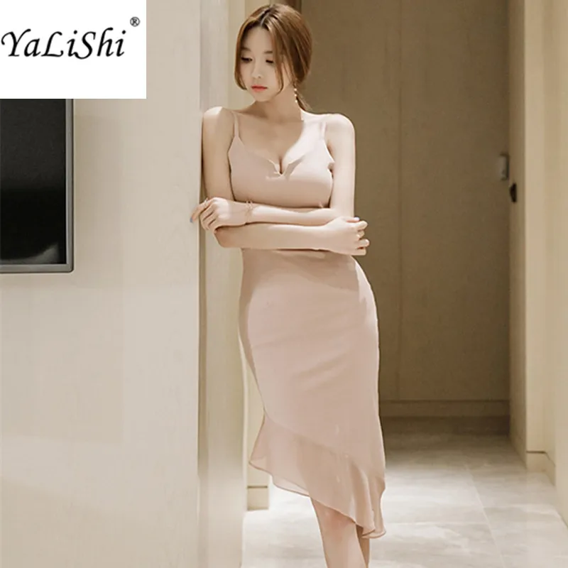 Женское летнее облегающее платье с V образным вырезом и оборками|dress for|bandage bodycon
