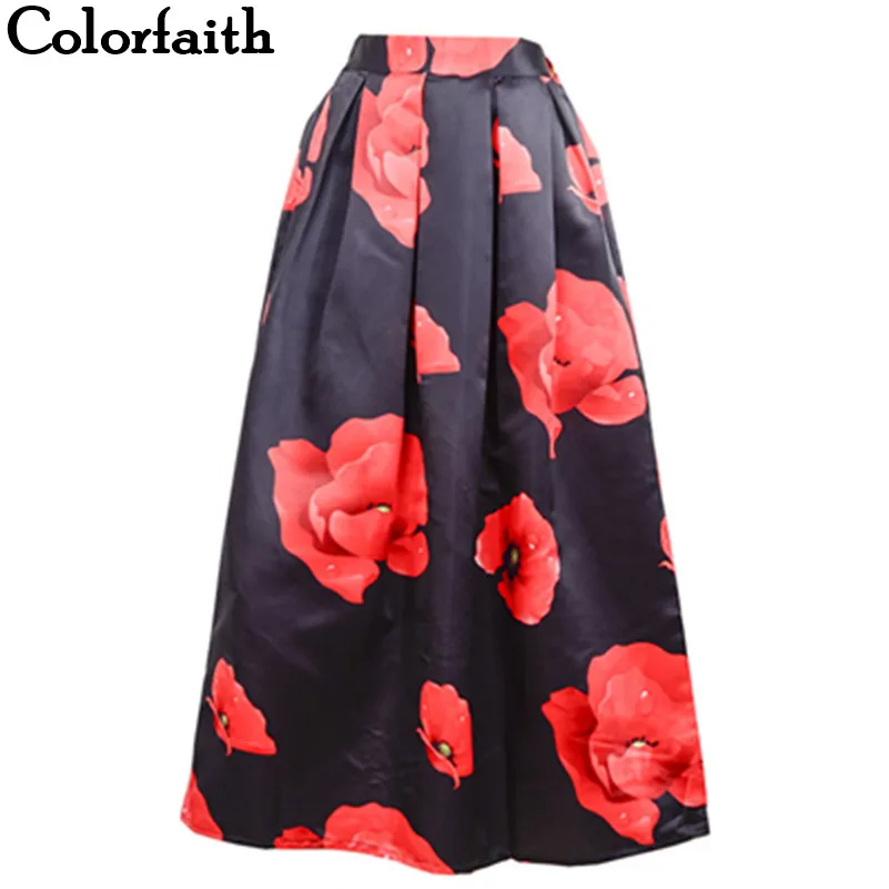 

Muslim Women100cm Non-transparent Fashion Satin Long Skirt Vintage Floral Print High Waist Pleated Flared Maxi Skirt SK066