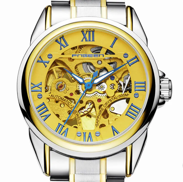 Топ Tourbillon автоматические часы мужские лучший бренд Роскошные мужские наручные часы Скелет Стальные наручные часы синий указатель механические часы - Цвет: two tone gold blue