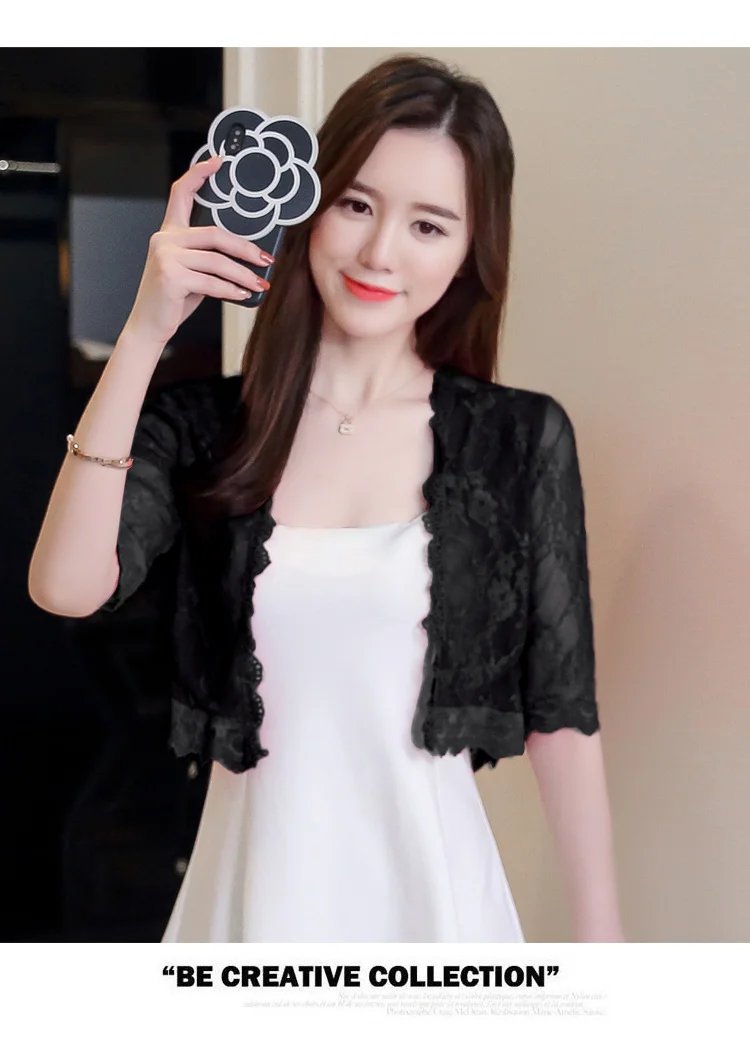 Carol Diaries 2019 Women Basic Coat Embroidery Half Sleeve Cardigan See-Through Sheer Lace Mesh Bolero Top Jacket 5 Colors |