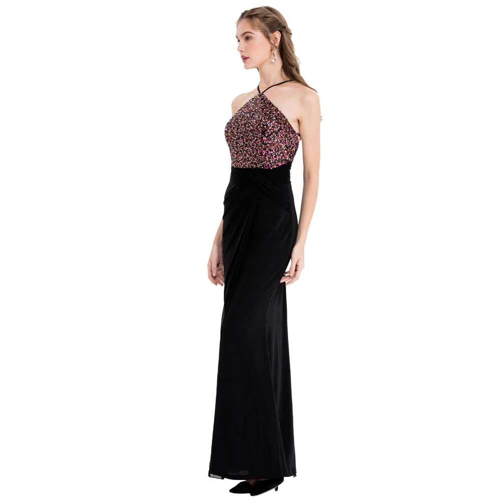 Женское Веч. Платье с пайетками Angel-fashions Черное длинное вечернее платье лямкой на