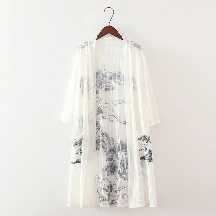 2018 весенние женские чернильные цветочные принты Длинные кимоно рубашки