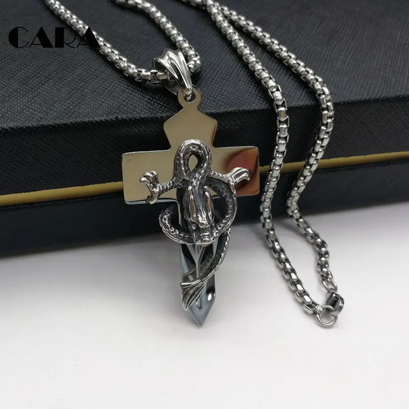 2019 New high polished 316L Stainless steel 3D dragon Cross pendant necklace mens charm fashion CARA0303 | Украшения и аксессуары