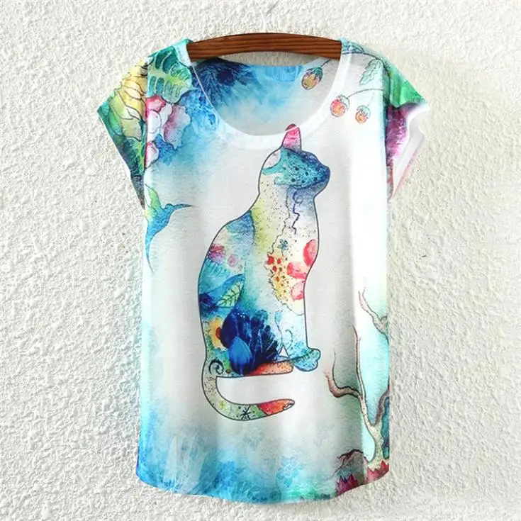 Женская футболка с коротким рукавом принтом в виде кота и лица лето 2015|women tshirt|tshirt