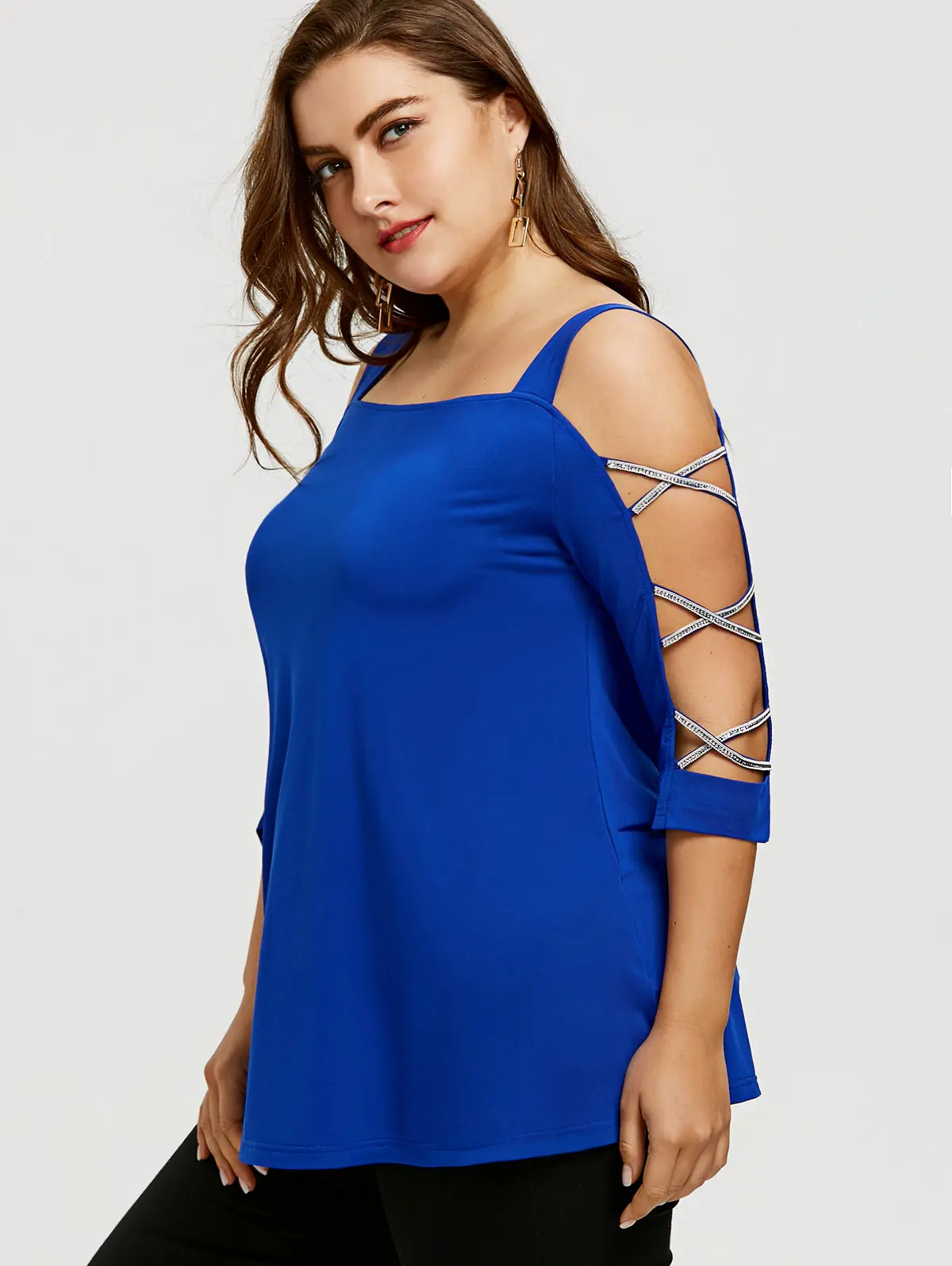 Wipalo Womens Fashions Plus Size 5XL T Shirt With Cut Out Cross Sleeve Cold Shoulder Three Quarter Tops Summer Shirts|fashion t-shirt|t-shirt