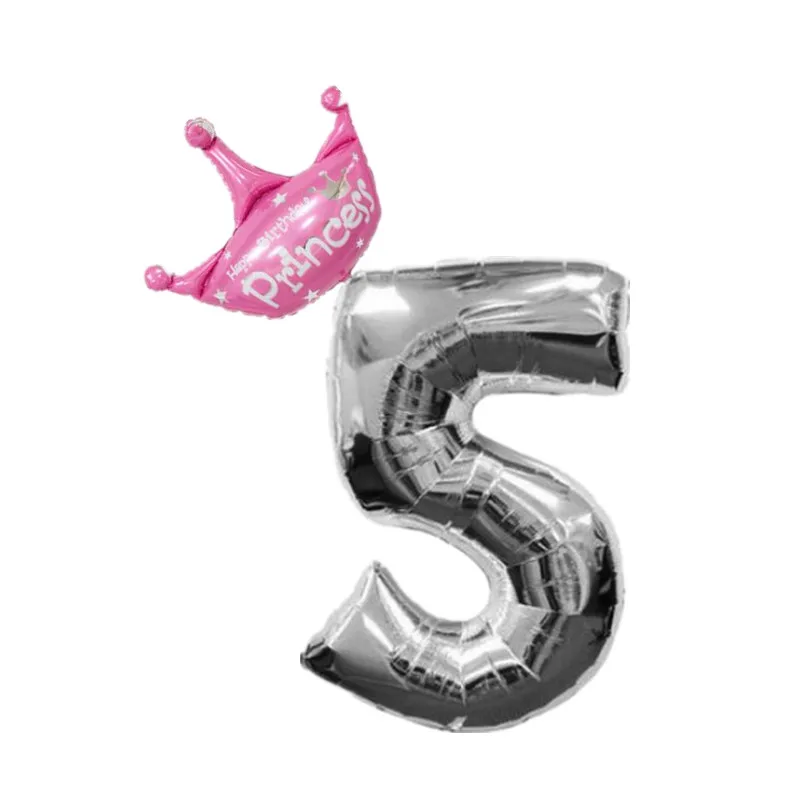 5 With Pink Crown 32/40 дюймовые серебряные воздушные шары из фольги для детей 1, 2, 3, 4, 5, 6, 7, 8, 9 лет с короной, неоновые Стикеры для маленьких мальчиков и девочек - Цвет: 5 With Pink Crown