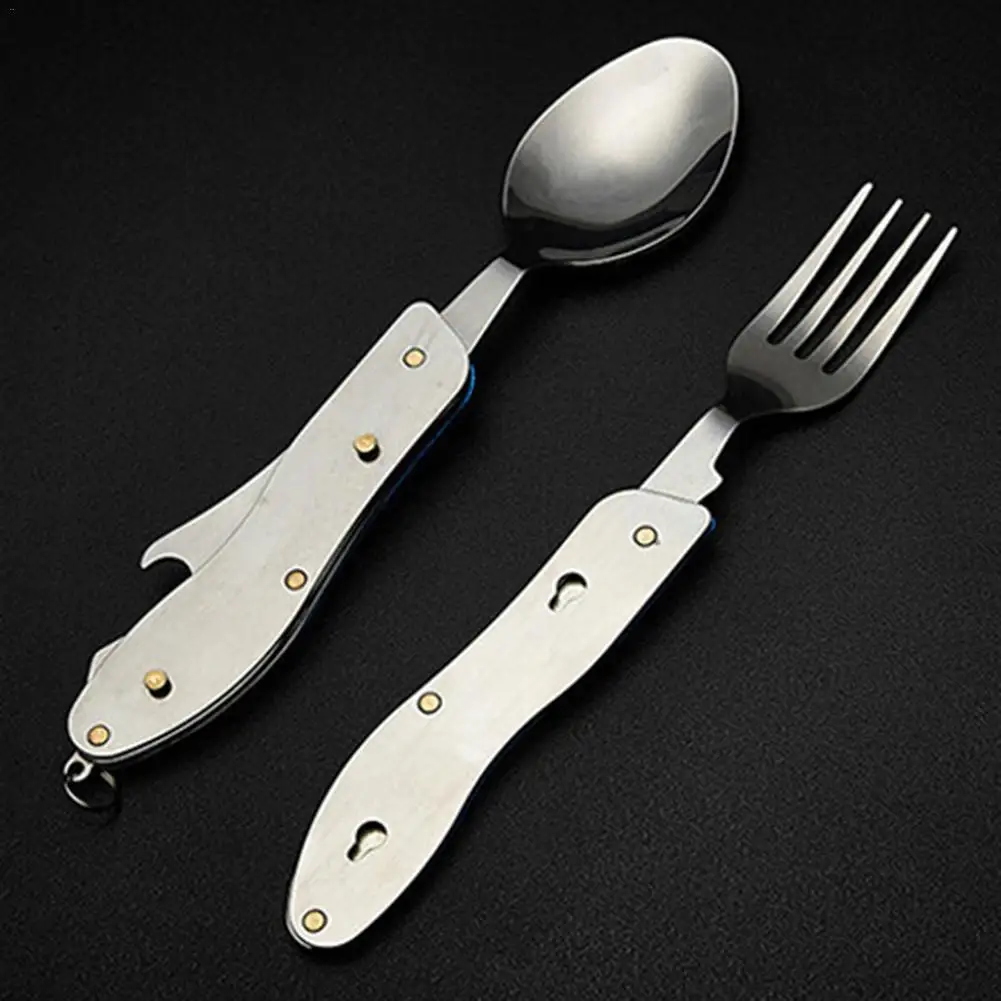 4 in1 Multi-Function Tool Foldable Fork Spoon Set Stainless Steel Camping Travel Picnic Cutlery Portable Outdoor Tableware | Спорт и