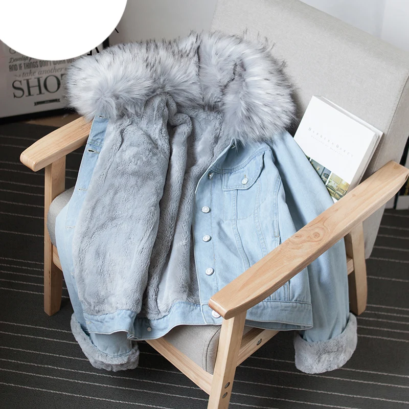 Женское зимнее пальто с большим меховым воротником из овчины вельветовое