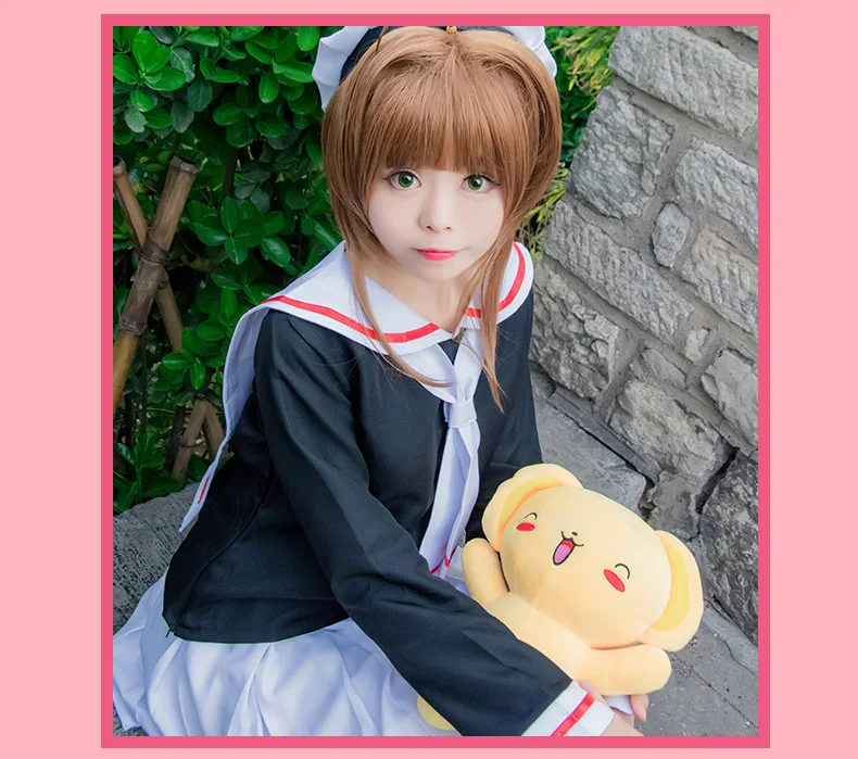 

New CARDCAPTOR SAKURA Girl Sailor School Uniform Cosplay Costume With Hat Full Set Free shipping
