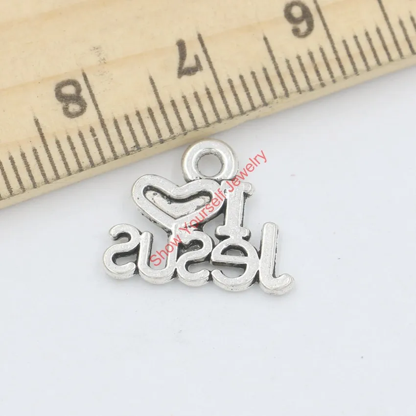 

100pcs Antique Silver Plated I Love Jesus Charms Beads Pendants for Jewelry Making DIY Handmade 13x16mm