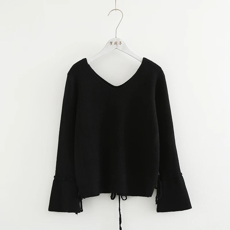 Autumn New Pure Color V-neck Pullover Sweater Women Casual Knitwear Lace Up Flare Sleeve Knitted Chandail Femme Top Coat | Женская