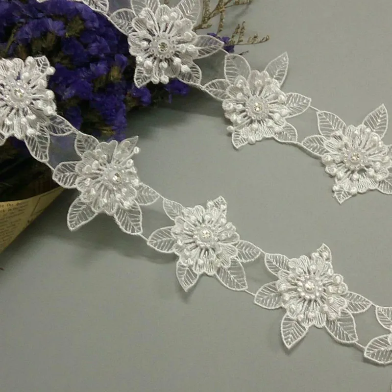 

1 yard White Polyester Pearl 3D Flowers Embroidered African Lace Trim Ribbon Fabric Handmade Sewing Craft For Hat Decoration