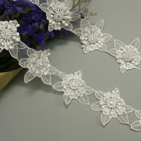 1 yard white polyester pearl 3d flowers embroidered african lace trim ribbon fabric handmade sewing craft for hat decoration