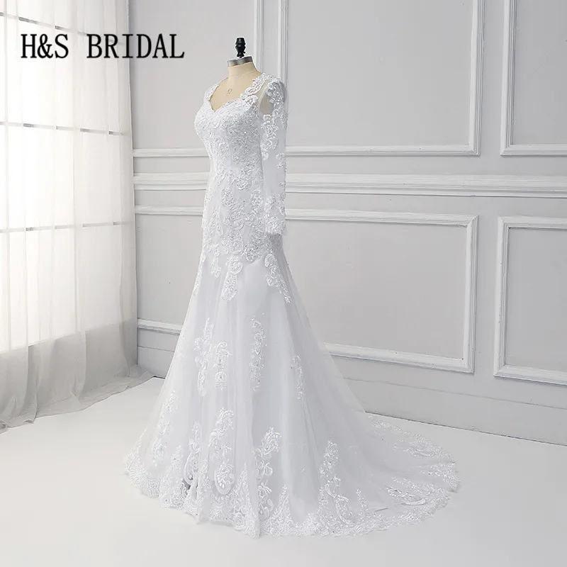 H & S свадебные платья русалки с длинным рукавом Элегантное белое свадебное платье