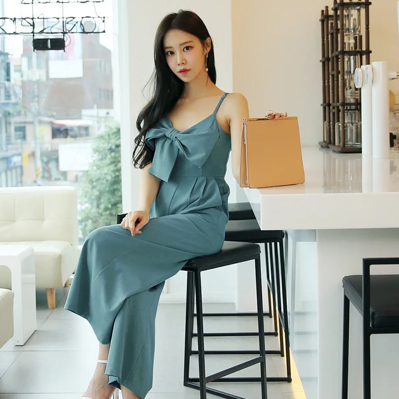 

Solid Women Jumpsuits 2019 Spring Blue Sleeveless V-neck Bow Full Length Loose Elegant Casual Office Jumpsuits Work Club Ladies