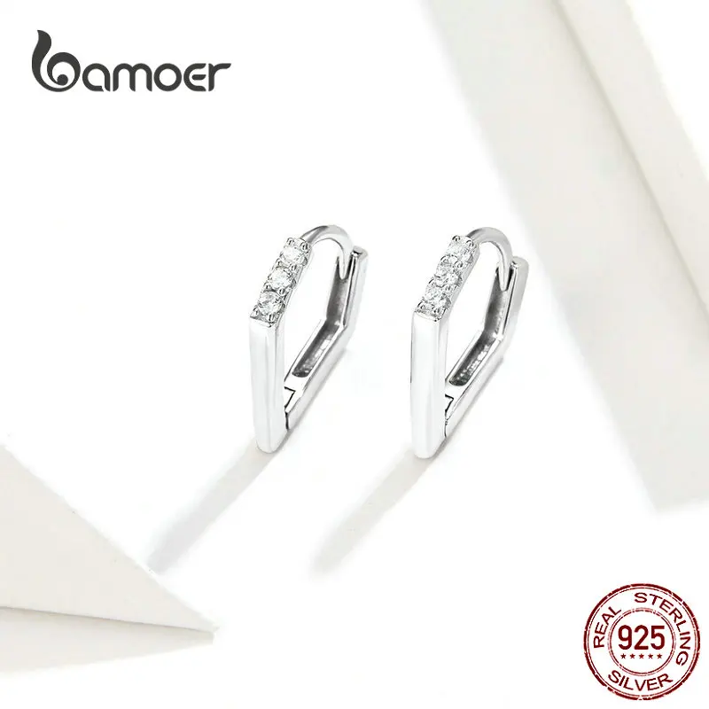 Bamoer, v-образная форма, серьги-кольца, хип-хоп, серебряные серьги для женщин и мужчин, подлинные, 925 пробы, серебряные, в стиле панк, модные ювелирные изделия, BSE162