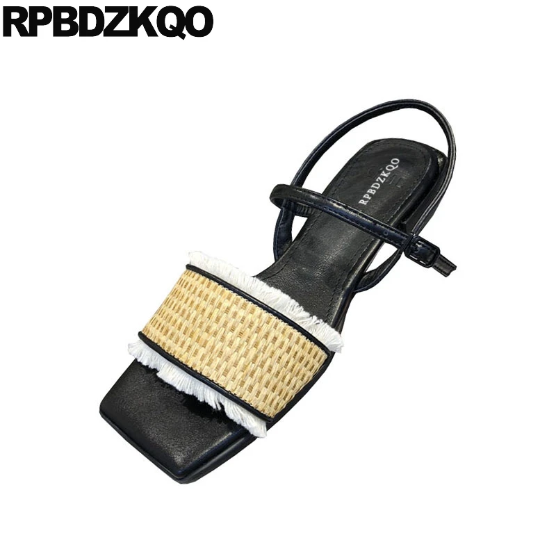 Women Pumps Roman Fringe Ladies Soft Slingback Chunky Open Toe Thick Black Low Heel Square Two Strap Sandals Embellished Shoes | Обувь